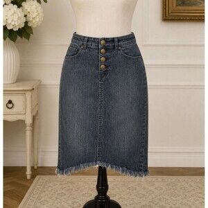 AQ Size 5 Women’s Blue Denim Midi Pencil Skirt Button Front Frayed Hem